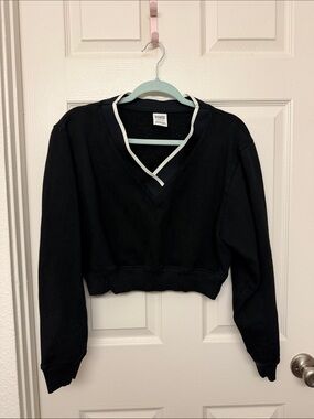 PINK Victoria's Secret Black Cropped V-Neck Sweatshirt with White Trim